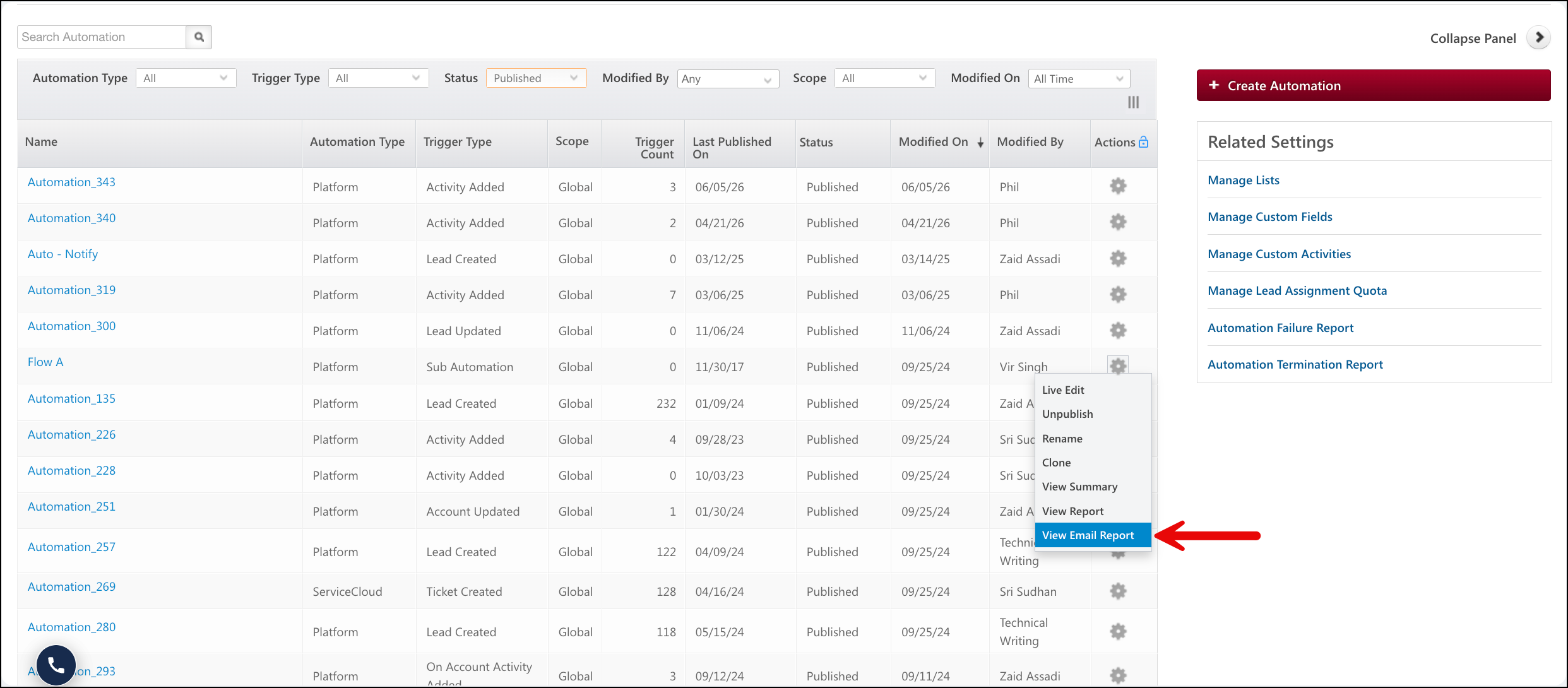 View Email Report Automations
